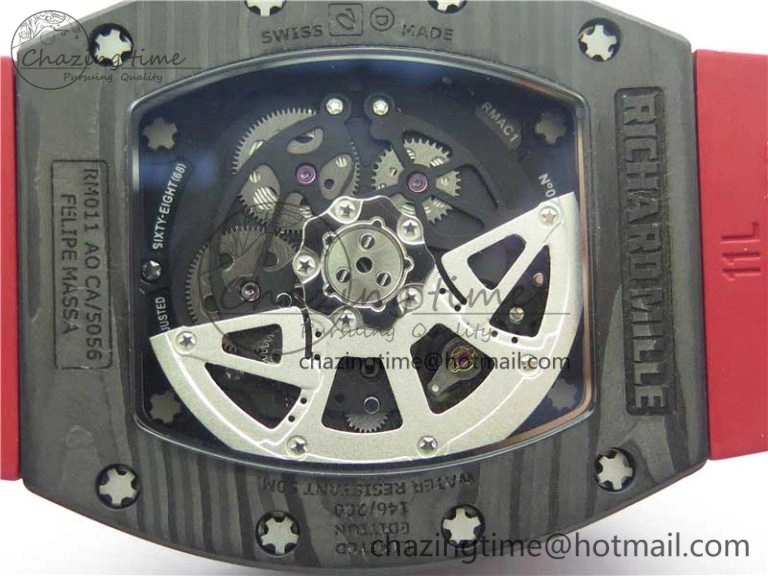 Contemporary RM011 Carbon Case Carbon Bezel Chronograph KVF 1:1 Best Edition Skeleton Dial Red RG on Red Rubber Strap A7750 V 9423
