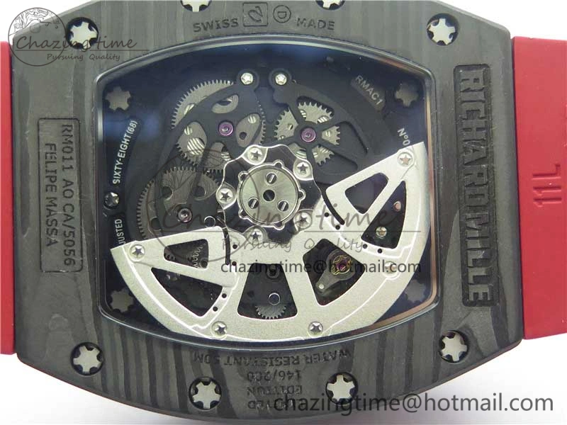 Contemporary RM011 Carbon Case Carbon Bezel Chronograph KVF 1:1 Best Edition Skeleton Dial Red RG on Red Rubber Strap A7750 V 9423