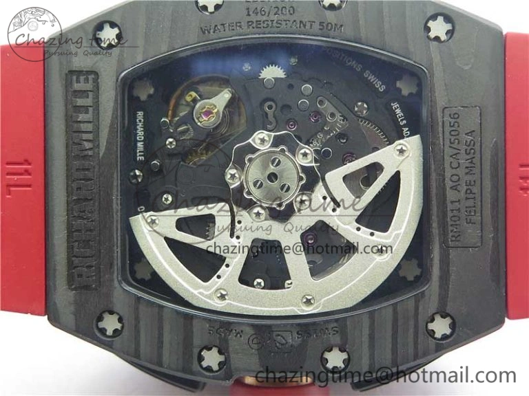 Contemporary RM011 Carbon Case Carbon Bezel Chronograph KVF 1:1 Best Edition Skeleton Dial Red RG on Red Rubber Strap A7750 V 9423
