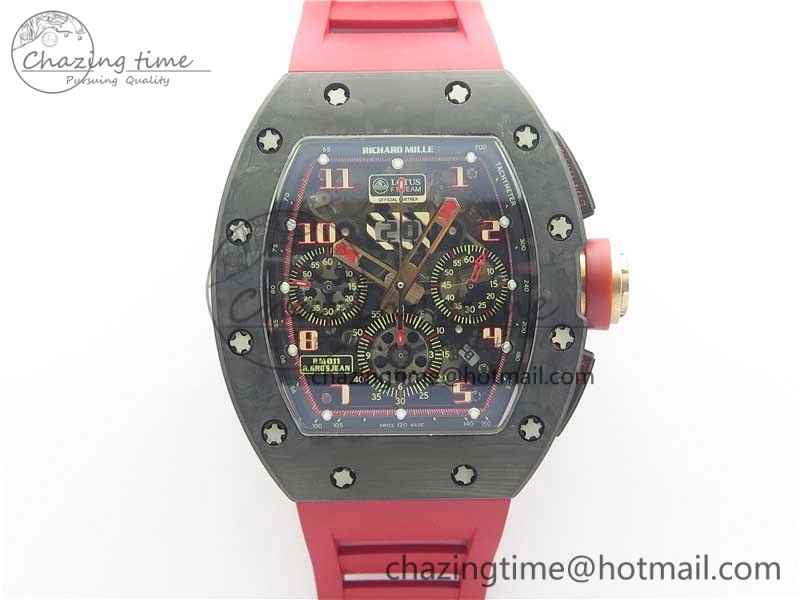 Contemporary RM011 Carbon Case Carbon Bezel Chronograph KVF 1:1 Best Edition Skeleton Dial Red RG on Red Rubber Strap A7750 V 9423