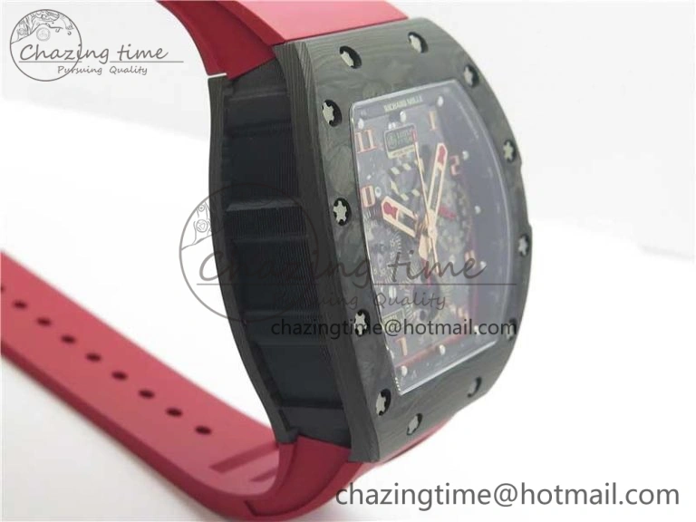 Contemporary RM011 Carbon Case Carbon Bezel Chronograph KVF 1:1 Best Edition Skeleton Dial Red RG on Red Rubber Strap A7750 V 9423