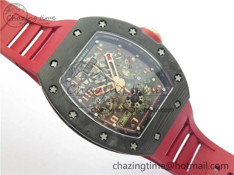 Contemporary RM011 Carbon Case Carbon Bezel Chronograph KVF 1:1 Best Edition Skeleton Dial Red RG on Red Rubber Strap A7750 V 9423