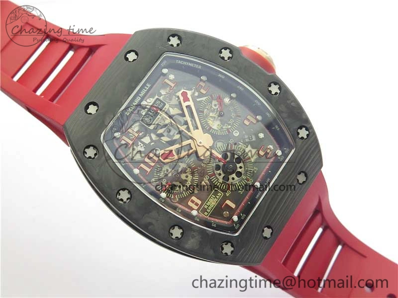 Contemporary RM011 Carbon Case Carbon Bezel Chronograph KVF 1:1 Best Edition Skeleton Dial Red RG on Red Rubber Strap A7750 V 9423