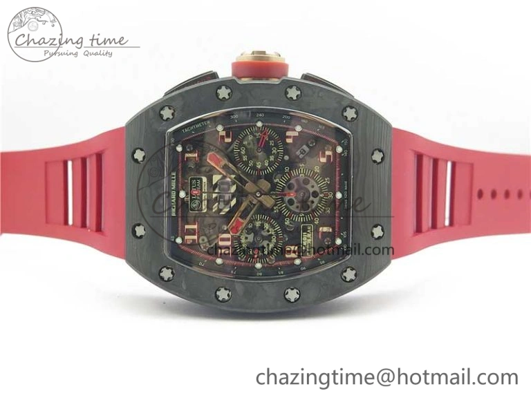 Contemporary RM011 Carbon Case Carbon Bezel Chronograph KVF 1:1 Best Edition Skeleton Dial Red RG on Red Rubber Strap A7750 V 9423
