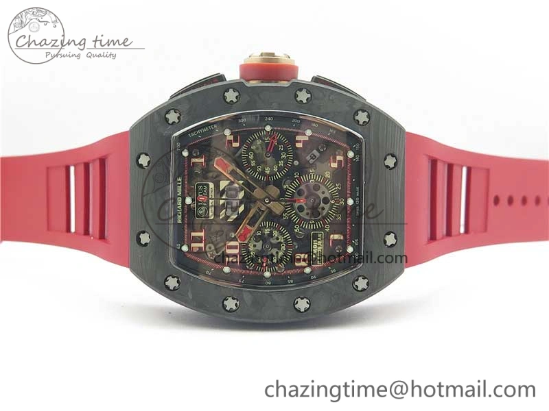 Contemporary RM011 Carbon Case Carbon Bezel Chronograph KVF 1:1 Best Edition Skeleton Dial Red RG on Red Rubber Strap A7750 V 9423