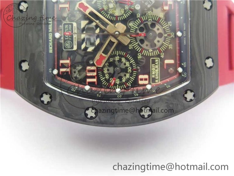 Contemporary RM011 Carbon Case Carbon Bezel Chronograph KVF 1:1 Best Edition Skeleton Dial Red RG on Red Rubber Strap A7750 V 9423