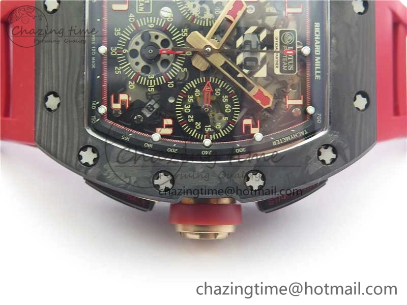 Contemporary RM011 Carbon Case Carbon Bezel Chronograph KVF 1:1 Best Edition Skeleton Dial Red RG on Red Rubber Strap A7750 V 9423