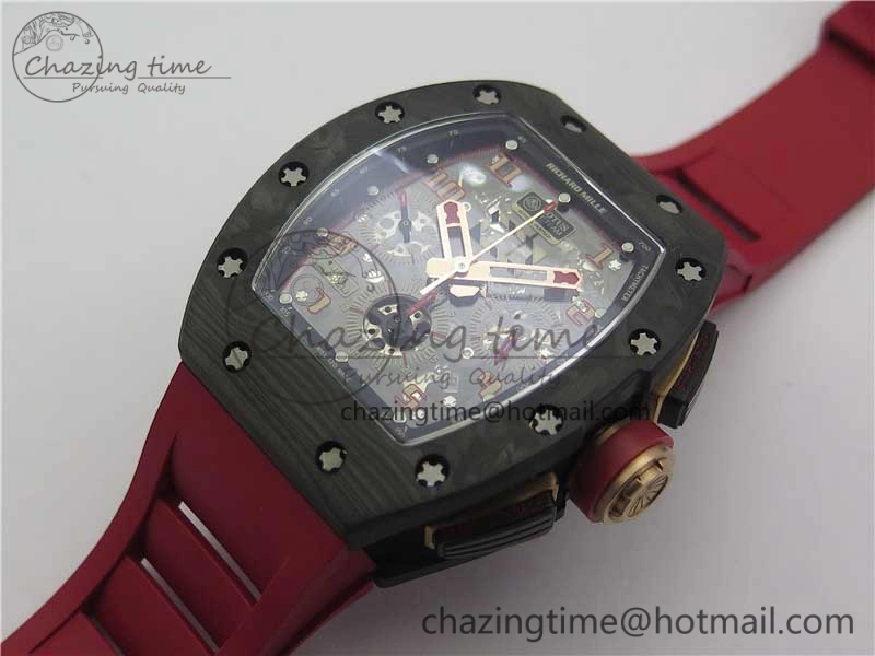 Contemporary RM011 Carbon Case Carbon Bezel Chronograph KVF 1:1 Best Edition Skeleton Dial Red RG on Red Rubber Strap A7750 V 9423