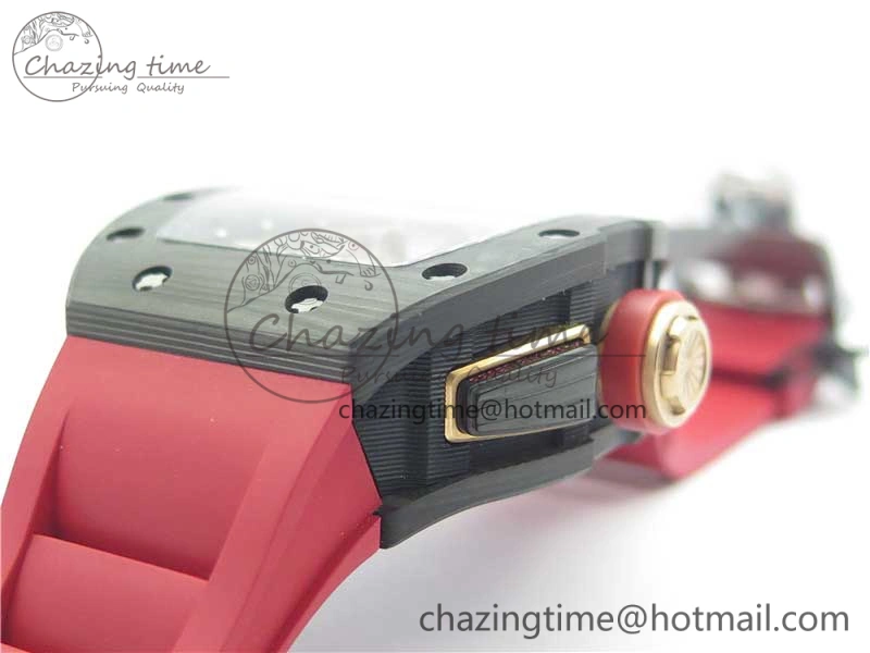 Contemporary RM011 Carbon Case Carbon Bezel Chronograph KVF 1:1 Best Edition Skeleton Dial Red RG on Red Rubber Strap A7750 V 9423