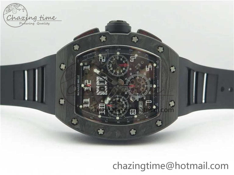 RM011 Carbon Case Carbon Bezel Chronograph KVF 1:1 Best Edition Skeleton Dial on Black Rubber Strap A Resilient 9429