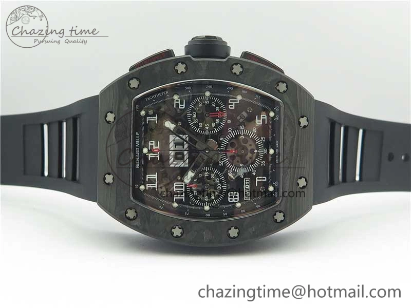 RM011 Carbon Case Carbon Bezel Chronograph KVF 1:1 Best Edition Skeleton Dial on Black Rubber Strap A Resilient 9429