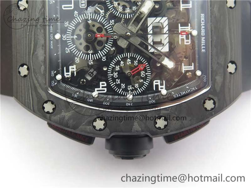 RM011 Carbon Case Carbon Bezel Chronograph KVF 1:1 Best Edition Skeleton Dial on Black Rubber Strap A Resilient 9429