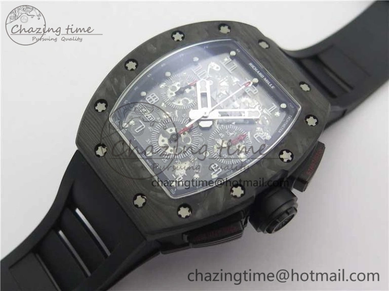 RM011 Carbon Case Carbon Bezel Chronograph KVF 1:1 Best Edition Skeleton Dial on Black Rubber Strap A Resilient 9429