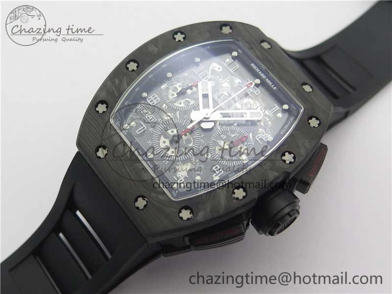 RM011 Carbon Case Carbon Bezel Chronograph KVF 1:1 Best Edition Skeleton Dial on Black Rubber Strap A Resilient 9429