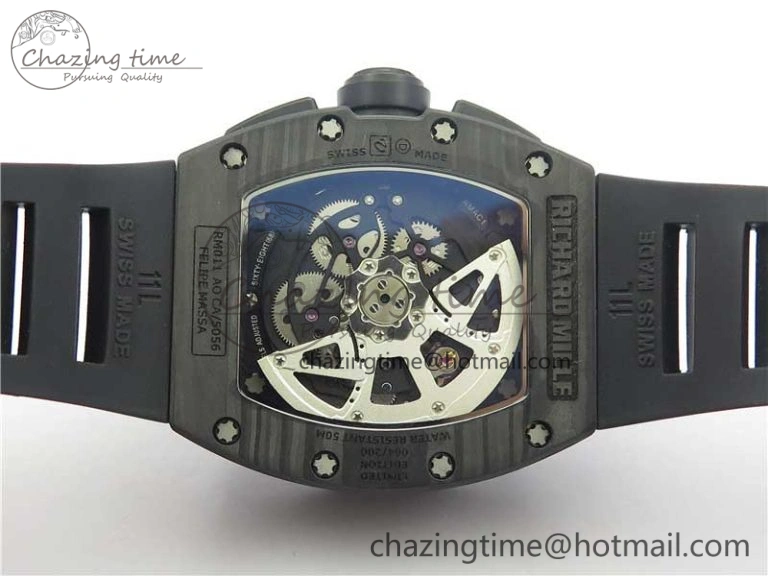 RM011 Carbon Case Carbon Bezel Chronograph KVF 1:1 Best Edition Skeleton Dial on Black Rubber Strap A Resilient 9429