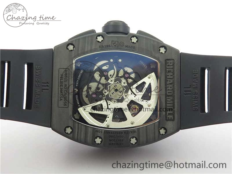RM011 Carbon Case Carbon Bezel Chronograph KVF 1:1 Best Edition Skeleton Dial on Black Rubber Strap A Resilient 9429