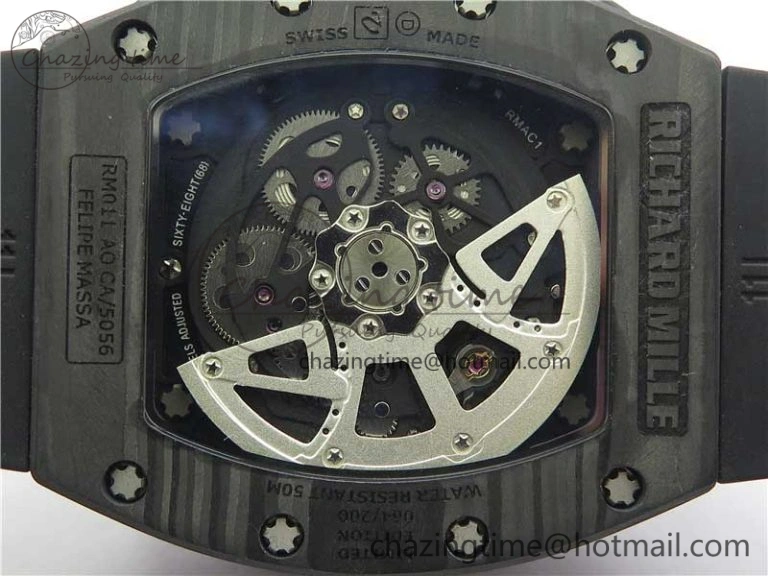 RM011 Carbon Case Carbon Bezel Chronograph KVF 1:1 Best Edition Skeleton Dial on Black Rubber Strap A Resilient 9429