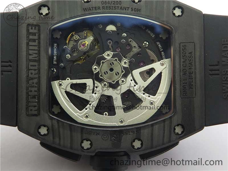 RM011 Carbon Case Carbon Bezel Chronograph KVF 1:1 Best Edition Skeleton Dial on Black Rubber Strap A Resilient 9429