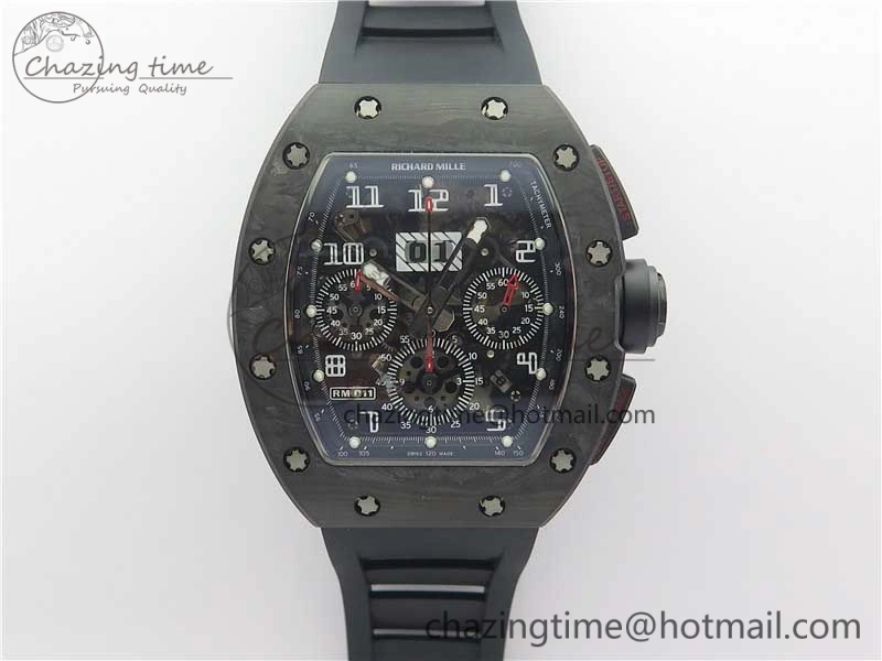 RM011 Carbon Case Carbon Bezel Chronograph KVF 1:1 Best Edition Skeleton Dial on Black Rubber Strap A Resilient 9429