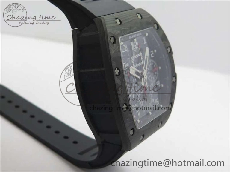 RM011 Carbon Case Carbon Bezel Chronograph KVF 1:1 Best Edition Skeleton Dial on Black Rubber Strap A Resilient 9429