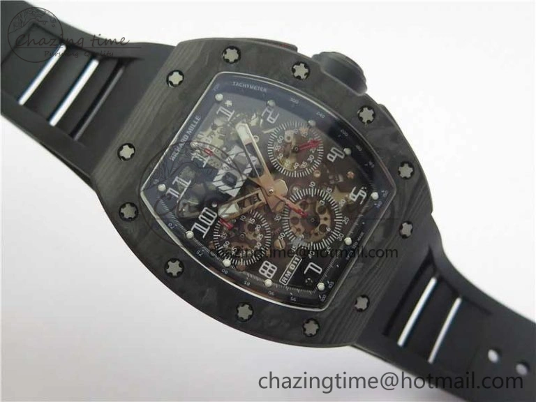 RM011 Carbon Case Carbon Bezel Chronograph KVF 1:1 Best Edition Skeleton Dial on Black Rubber Strap A Resilient 9429