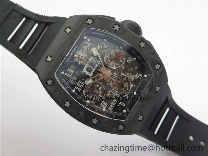 RM011 Carbon Case Carbon Bezel Chronograph KVF 1:1 Best Edition Skeleton Dial on Black Rubber Strap A Resilient 9429