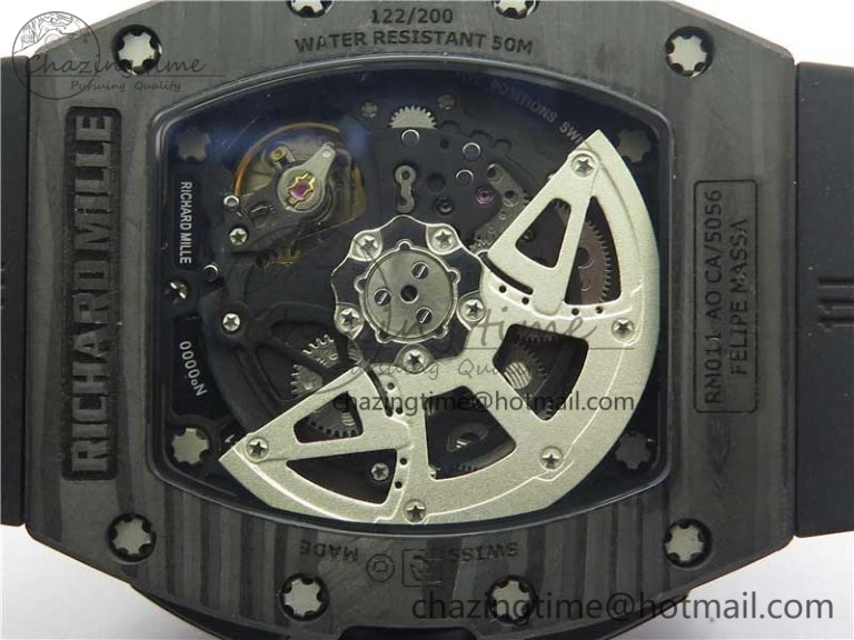 RM011 Carbon Case Carbon Bezel Chronograph KVF 1:1 Best Edition Skeleton Dial(Red Inner Bezel) on Black Rubber Strap A7750 V Stylish 9433