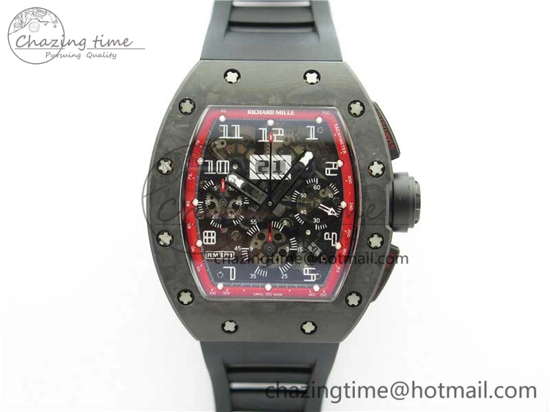 RM011 Carbon Case Carbon Bezel Chronograph KVF 1:1 Best Edition Skeleton Dial(Red Inner Bezel) on Black Rubber Strap A7750 V Stylish 9433