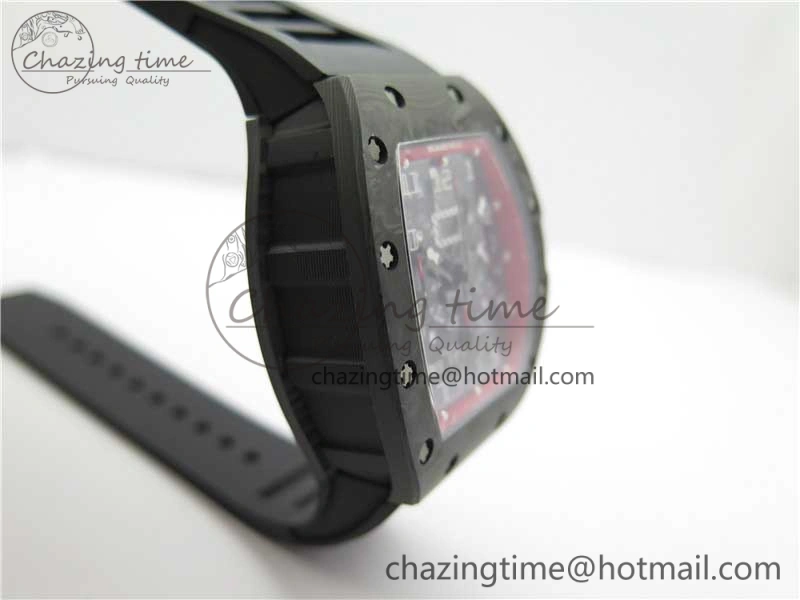 RM011 Carbon Case Carbon Bezel Chronograph KVF 1:1 Best Edition Skeleton Dial(Red Inner Bezel) on Black Rubber Strap A7750 V Stylish 9433