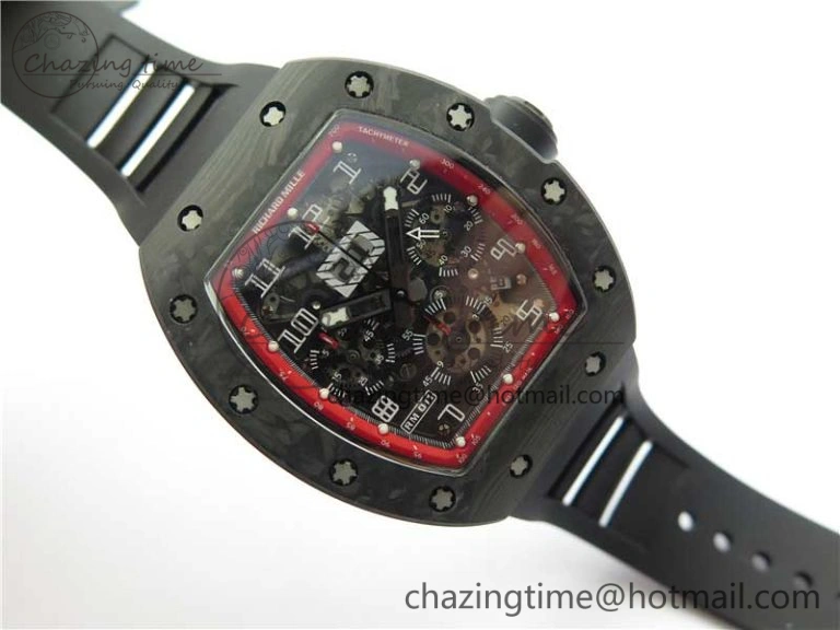 RM011 Carbon Case Carbon Bezel Chronograph KVF 1:1 Best Edition Skeleton Dial(Red Inner Bezel) on Black Rubber Strap A7750 V Stylish 9433
