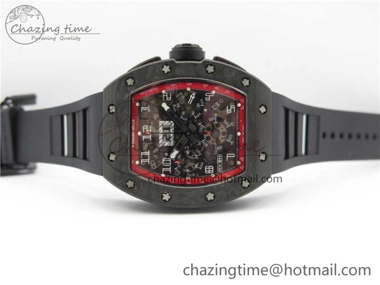 RM011 Carbon Case Carbon Bezel Chronograph KVF 1:1 Best Edition Skeleton Dial(Red Inner Bezel) on Black Rubber Strap A7750 V Stylish 9433