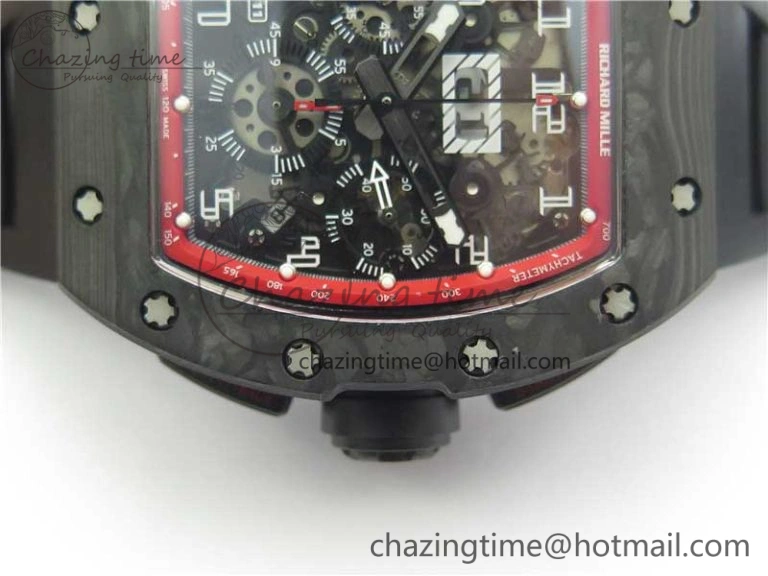 RM011 Carbon Case Carbon Bezel Chronograph KVF 1:1 Best Edition Skeleton Dial(Red Inner Bezel) on Black Rubber Strap A7750 V Stylish 9433