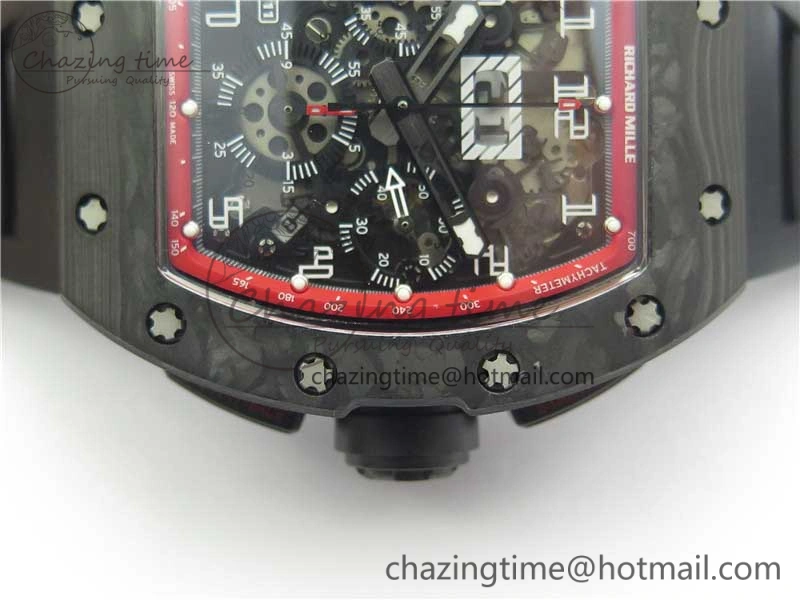 RM011 Carbon Case Carbon Bezel Chronograph KVF 1:1 Best Edition Skeleton Dial(Red Inner Bezel) on Black Rubber Strap A7750 V Stylish 9433