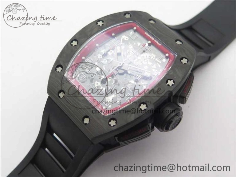 RM011 Carbon Case Carbon Bezel Chronograph KVF 1:1 Best Edition Skeleton Dial(Red Inner Bezel) on Black Rubber Strap A7750 V Stylish 9433