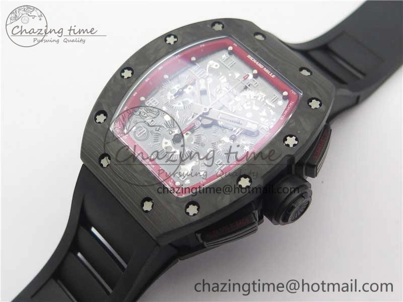 RM011 Carbon Case Carbon Bezel Chronograph KVF 1:1 Best Edition Skeleton Dial(Red Inner Bezel) on Black Rubber Strap A7750 V Stylish 9433