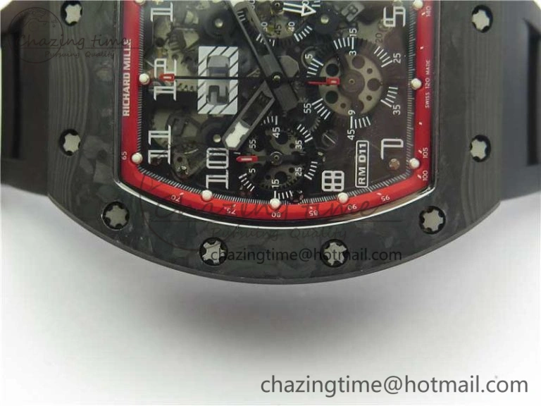RM011 Carbon Case Carbon Bezel Chronograph KVF 1:1 Best Edition Skeleton Dial(Red Inner Bezel) on Black Rubber Strap A7750 V Stylish 9433