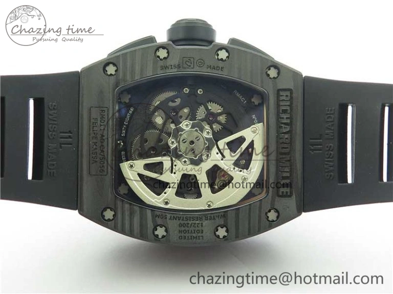 RM011 Carbon Case Carbon Bezel Chronograph KVF 1:1 Best Edition Skeleton Dial(Red Inner Bezel) on Black Rubber Strap A7750 V Stylish 9433