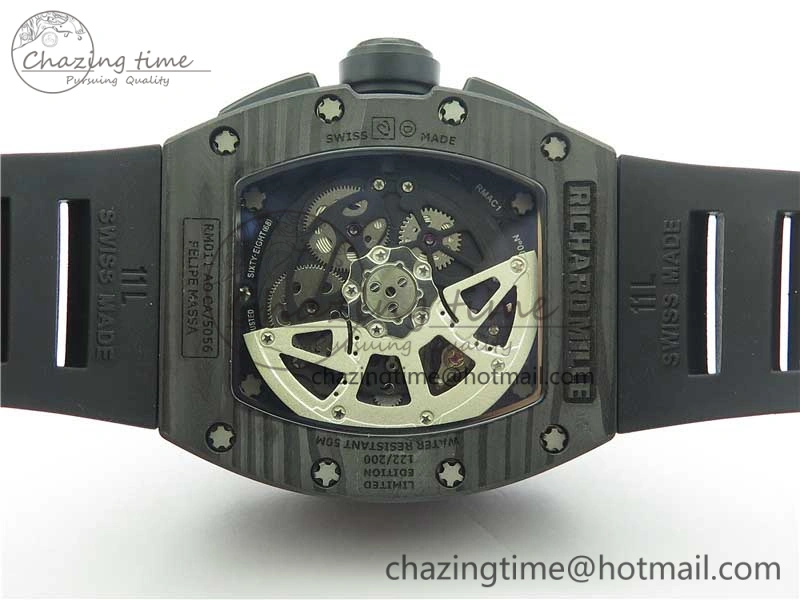 RM011 Carbon Case Carbon Bezel Chronograph KVF 1:1 Best Edition Skeleton Dial(Red Inner Bezel) on Black Rubber Strap A7750 V Stylish 9433