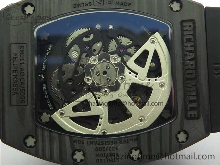 RM011 Carbon Case Carbon Bezel Chronograph KVF 1:1 Best Edition Skeleton Dial(Red Inner Bezel) on Black Rubber Strap A7750 V Stylish 9433