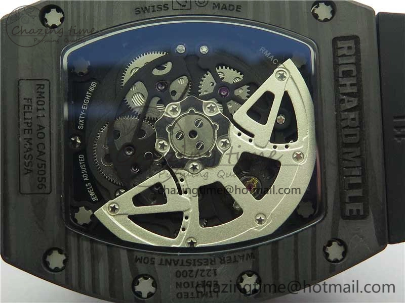 RM011 Carbon Case Carbon Bezel Chronograph KVF 1:1 Best Edition Skeleton Dial(Red Inner Bezel) on Black Rubber Strap A7750 V Stylish 9433