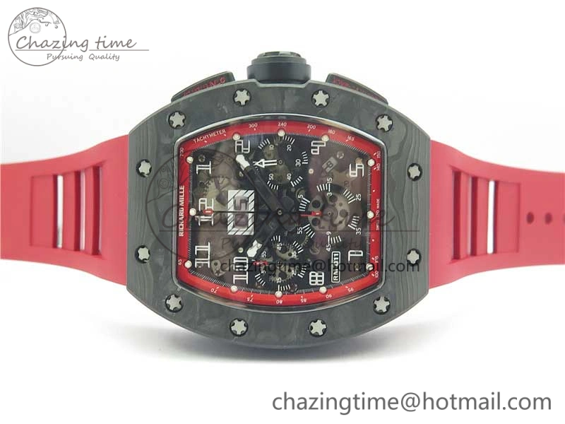 RM011 Carbon Case Carbon Bezel Chronograph KVF 1:1 Best Edition Skeleton Dial(Red Inner Bezel) on Red Rubber Strap A7750 V SmartChoice 9422