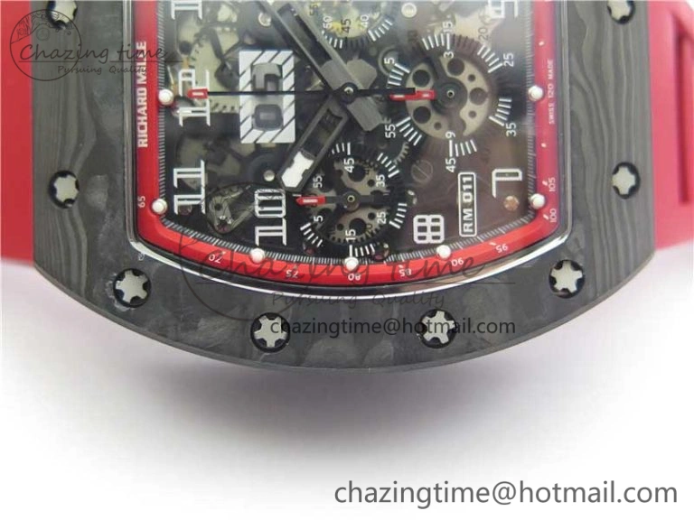 RM011 Carbon Case Carbon Bezel Chronograph KVF 1:1 Best Edition Skeleton Dial(Red Inner Bezel) on Red Rubber Strap A7750 V SmartChoice 9422