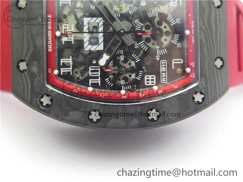 RM011 Carbon Case Carbon Bezel Chronograph KVF 1:1 Best Edition Skeleton Dial(Red Inner Bezel) on Red Rubber Strap A7750 V SmartChoice 9422