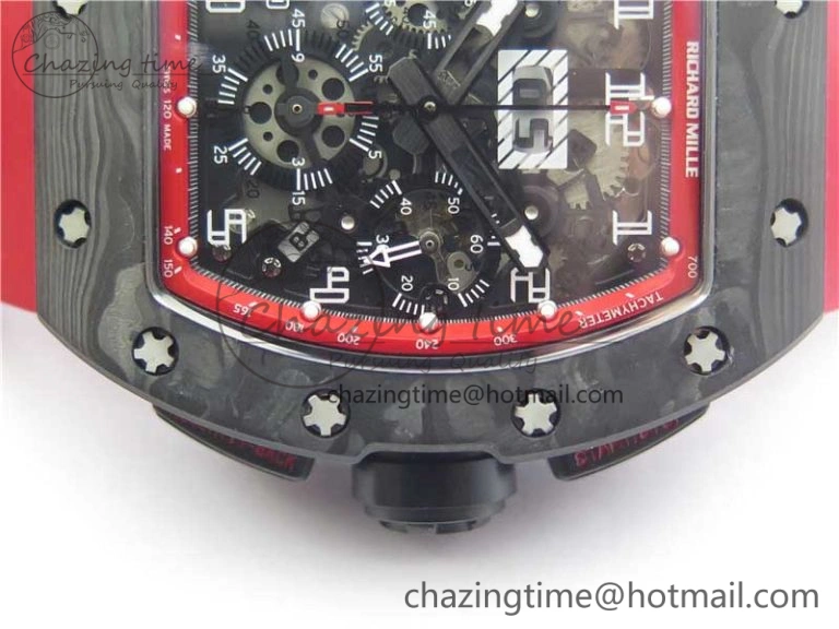 RM011 Carbon Case Carbon Bezel Chronograph KVF 1:1 Best Edition Skeleton Dial(Red Inner Bezel) on Red Rubber Strap A7750 V SmartChoice 9422
