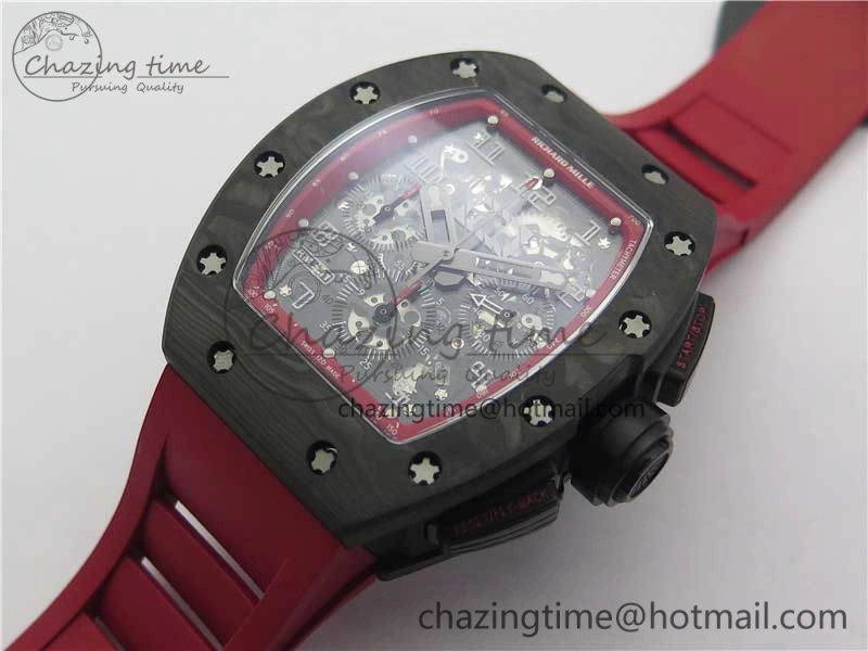 RM011 Carbon Case Carbon Bezel Chronograph KVF 1:1 Best Edition Skeleton Dial(Red Inner Bezel) on Red Rubber Strap A7750 V SmartChoice 9422