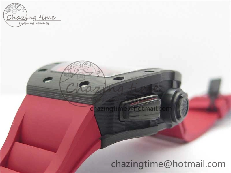 RM011 Carbon Case Carbon Bezel Chronograph KVF 1:1 Best Edition Skeleton Dial(Red Inner Bezel) on Red Rubber Strap A7750 V SmartChoice 9422