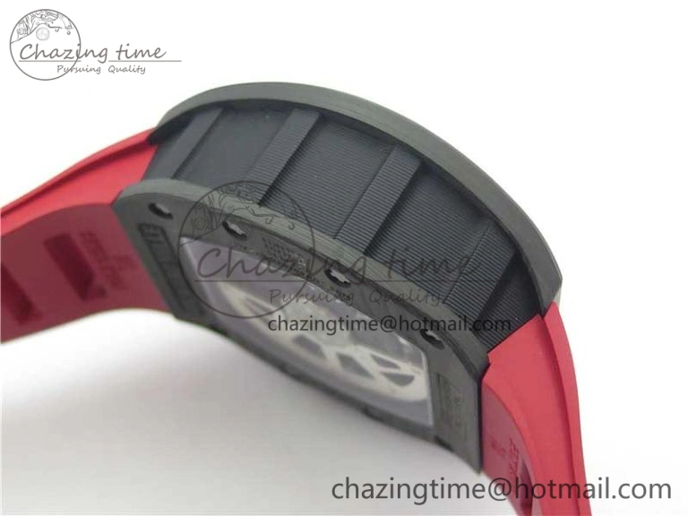 RM011 Carbon Case Carbon Bezel Chronograph KVF 1:1 Best Edition Skeleton Dial(Red Inner Bezel) on Red Rubber Strap A7750 V SmartChoice 9422