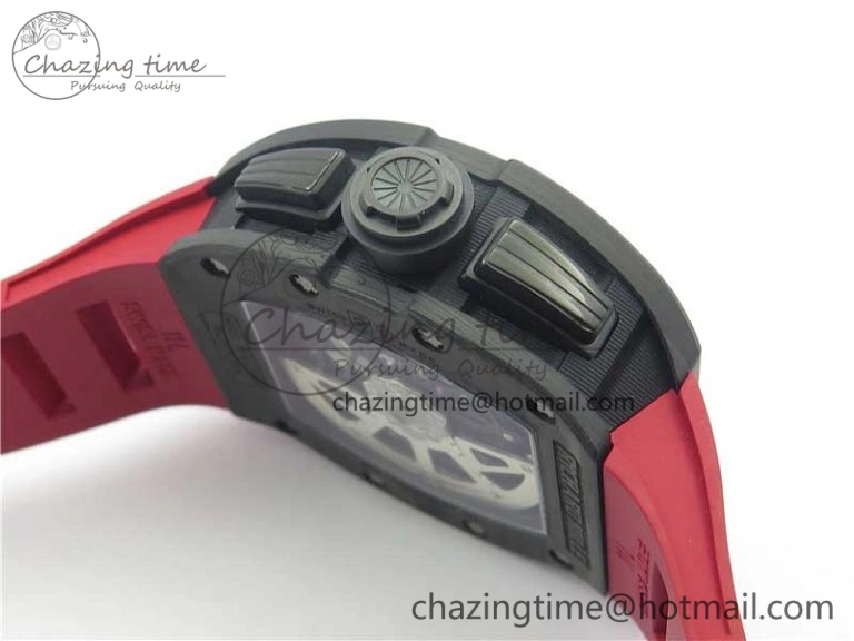 RM011 Carbon Case Carbon Bezel Chronograph KVF 1:1 Best Edition Skeleton Dial(Red Inner Bezel) on Red Rubber Strap A7750 V SmartChoice 9422