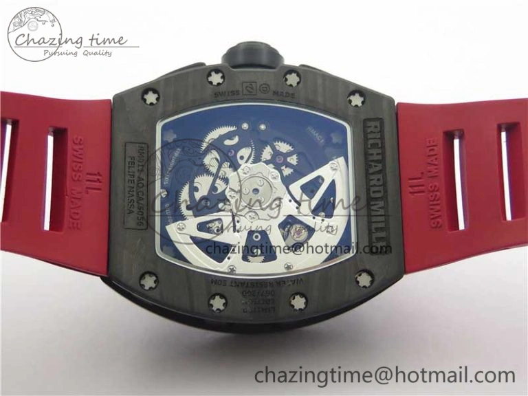 RM011 Carbon Case Carbon Bezel Chronograph KVF 1:1 Best Edition Skeleton Dial(Red Inner Bezel) on Red Rubber Strap A7750 V SmartChoice 9422