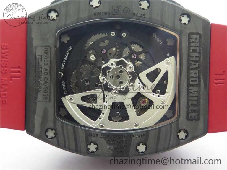 RM011 Carbon Case Carbon Bezel Chronograph KVF 1:1 Best Edition Skeleton Dial(Red Inner Bezel) on Red Rubber Strap A7750 V SmartChoice 9422